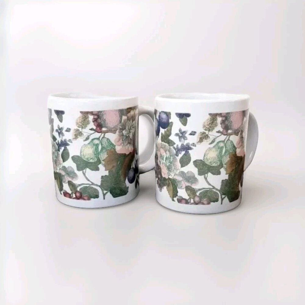 MATCHING PAIR OF COFFEE CUPS MUGS WHITE WTH GRAPEVINE PATTERN